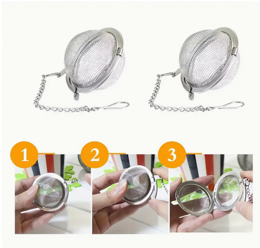 Colador infusor tipo Bola con cierre mecánico y cadena de acero inoxidable.