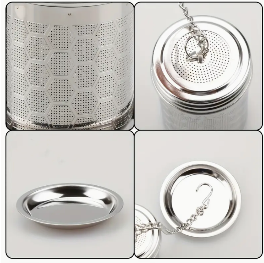 Infusor de Té de Acero Inoxidable con Tapa Ganchos de Cadena y Bandejas de Goteo - Perfectos para la Preparación de Té de Hojas Sueltas en Cocina o Restaurante
