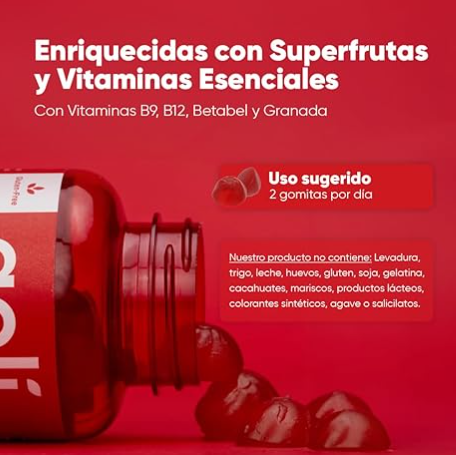 GOLI Gomitas de Vinagre de Sidra de Manzana | Con Vitaminas B9, B12, Betabel y Granada | 60 Gomitas Veganas | Sin OGM, Sin Gluten |