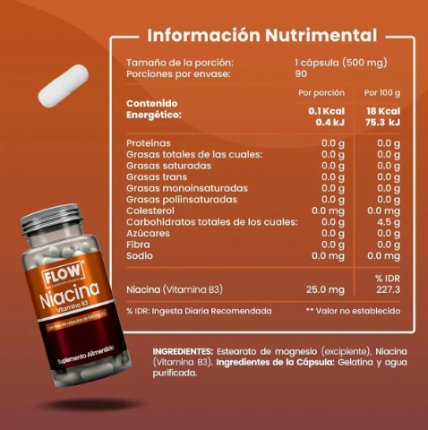 Niacina Vitamina B3 90 Cápsulas De 500 Mg Flow