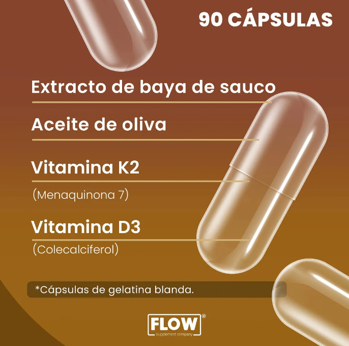 VITAMINA D3 + VITAMINA K2 + ACEITE DE OLIVA + EXTRACTO DE BAYA DE SAUCO / 90 CÁPSULAS DE 500 MG C/U