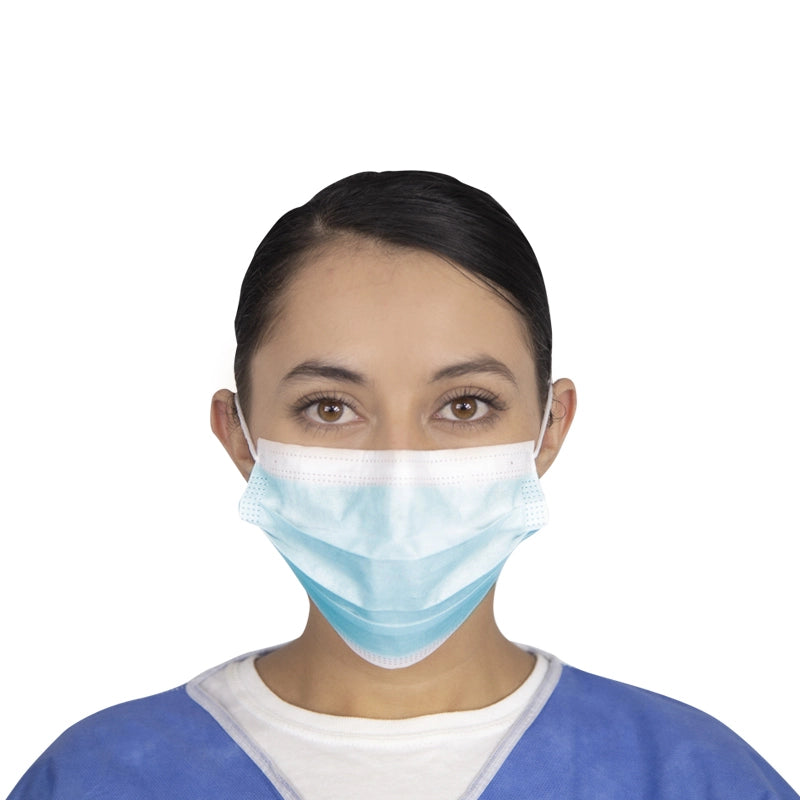 Cubreboca quirúrgico plisado color azul 3 capas con ajuste nasal paq 50 bolsa.