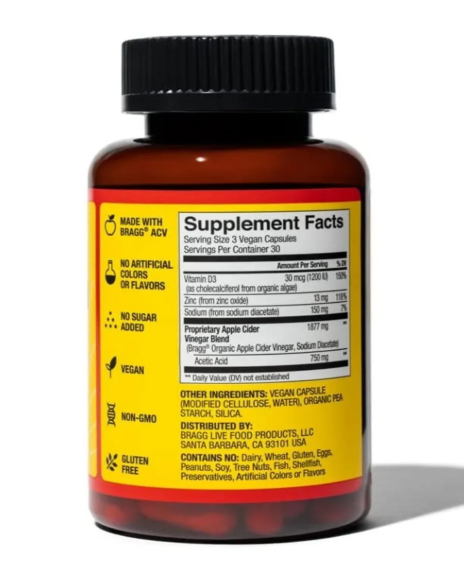 Bragg Cáp De Vinagre De Sidra Vitamina D3 Y Zinc 750mg 90cap
