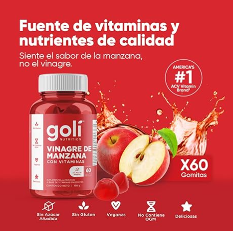 GOLI Gomitas de Vinagre de Sidra de Manzana | Con Vitaminas B9, B12, Betabel y Granada | 60 Gomitas Veganas | Sin OGM, Sin Gluten |