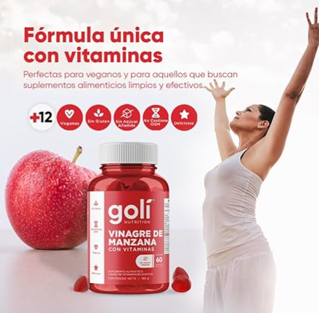 GOLI Gomitas de Vinagre de Sidra de Manzana | Con Vitaminas B9, B12, Betabel y Granada | 60 Gomitas Veganas | Sin OGM, Sin Gluten |
