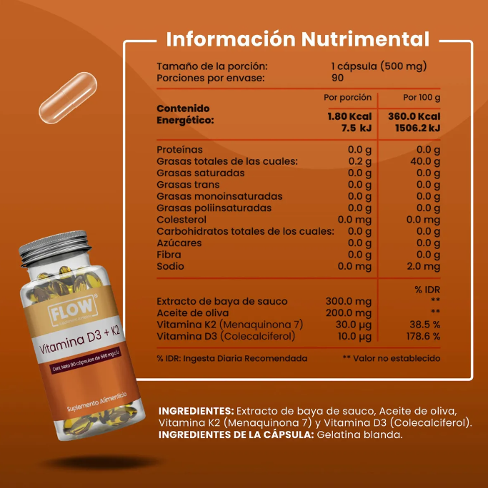 VITAMINA D3 + VITAMINA K2 + ACEITE DE OLIVA + EXTRACTO DE BAYA DE SAUCO / 90 CÁPSULAS DE 500 MG C/U